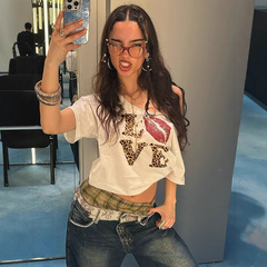 恋布忘新商品アメリカ街頭レトロ豹紋プリント斜め肩ゆるいtシャツギャル百合ヒップホップ上着