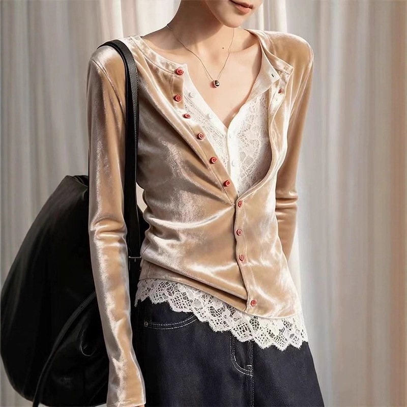 Champagne-Colored Lace Patchwork Faux Two-Piece Velvet Shirt for Women, Winter 2026, Unique and Sophisticated Inner Wear Top