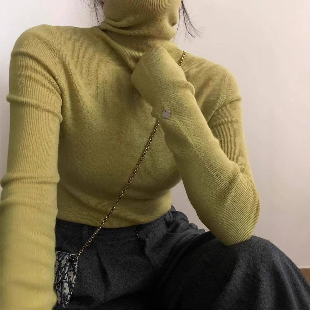 고급 그린 파일 칼라 하이 칼라 베이스 셔츠 여성의 가을 및 겨울 스웨터 슬림 핏 짧은 니트 탑