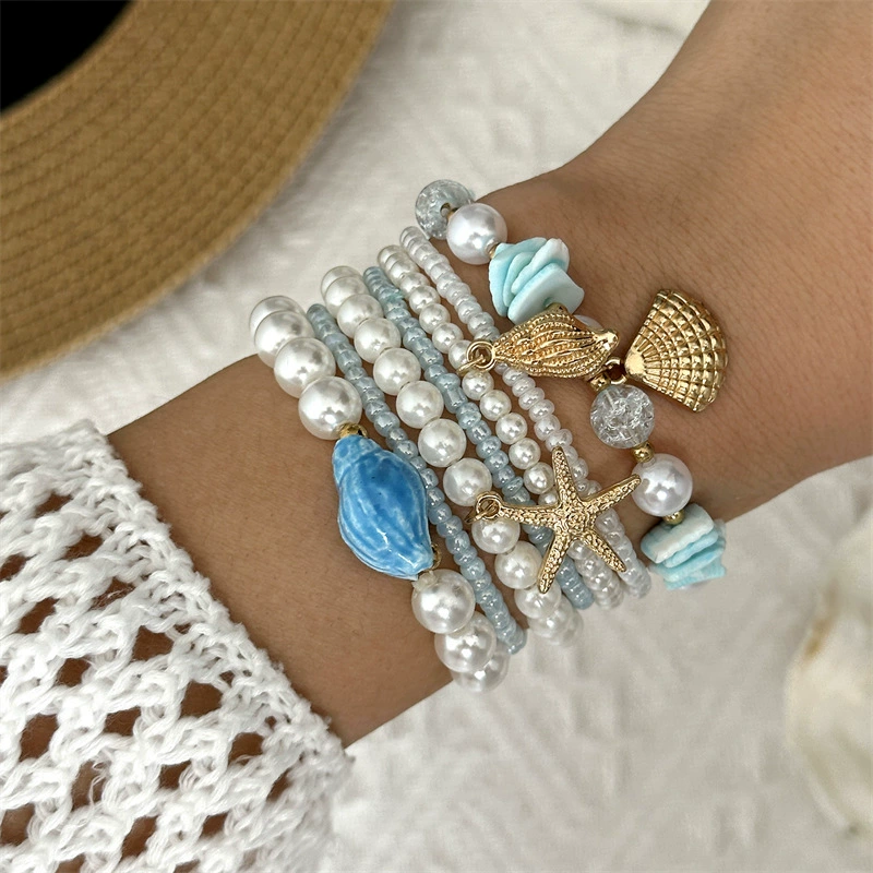 Bracelet set, marine woven ceramic design, multi-layer shell & bead stack (seasonal trend)