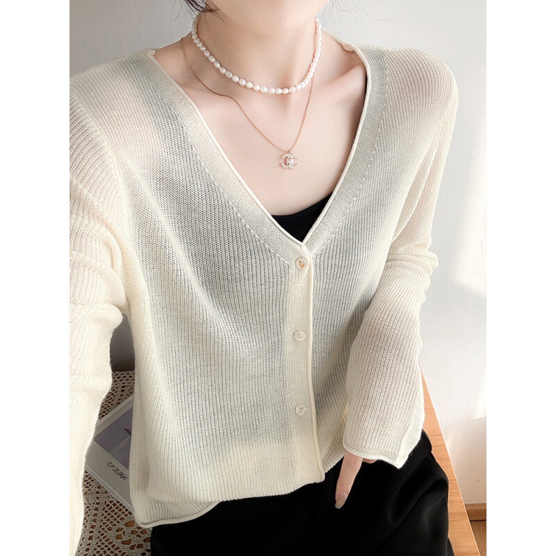 V-neck Ice Silk Knitted Cardigan Women's Summer Thin Long-sleeved Sunscreen Shirt with Sling Skirt Coat Top Air-conditioning Shirt