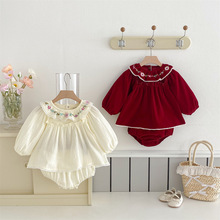 ins韩版女童套装 春婴幼儿长袖绣花娃娃衫+面包裤两件套宝宝服装