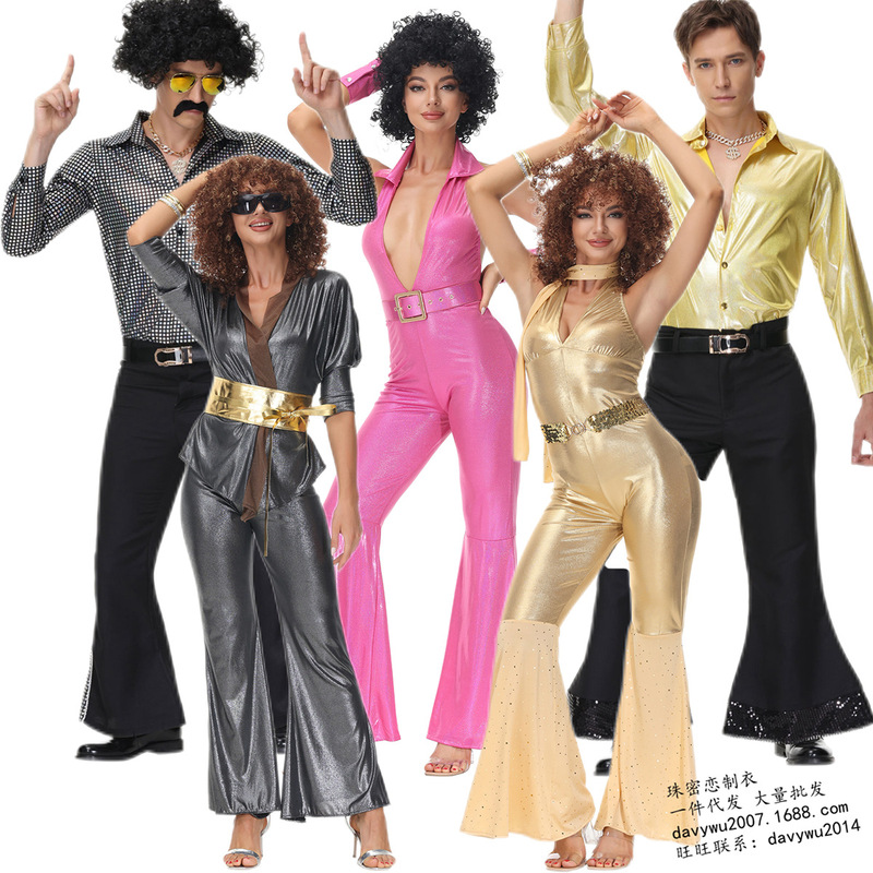 New Halloween Men's and Women's suit Couple Retro 70 s European and American Disco Hippie Ball Show for Adults New Halloween Men's and Women's suit Couple Retro 70 s European and American Disco Hippie Ball Show for Adults