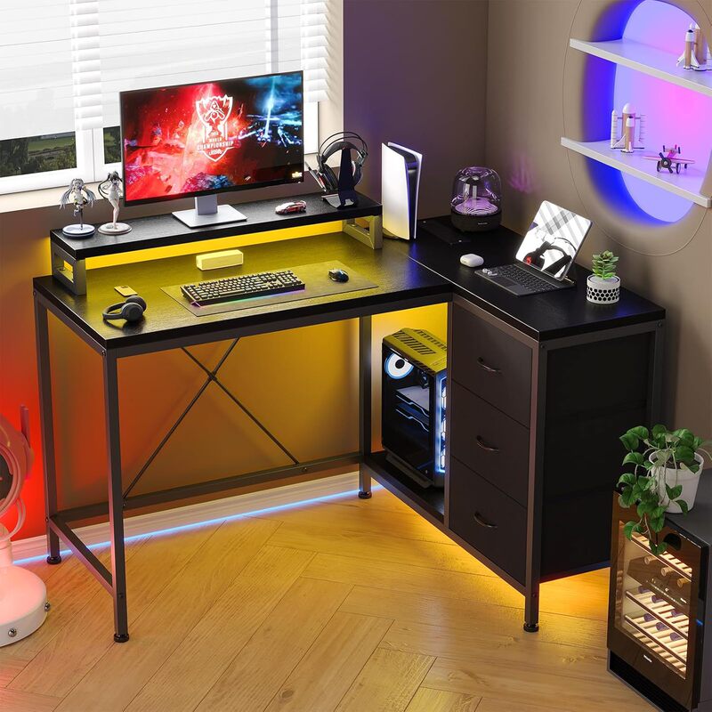 Modern and Minimalist L-Shaped Desk with Power Socket and Led Light, Computer Desk with Drawers and Bookshelf