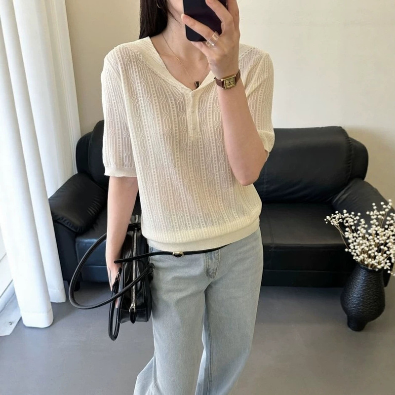 Blue Striped Short-Sleeved T-Shirt for Women 2026 Summer New Style Fine Wool Navy Collar Loose Casual T-Shirt Top