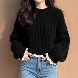 欧货重工黑色花边袖粗线毛衣女2025新款慵懒高级感小个子针织上衣