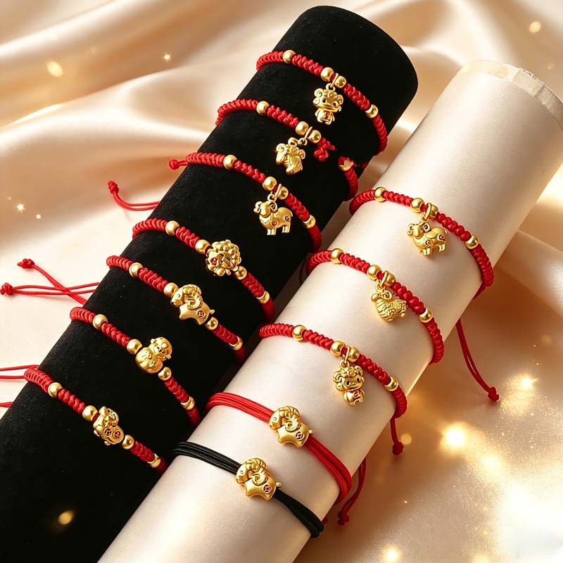 Western-style zodiac year red string bracelet, hand-woven with five blessings, twelve zodiac signs, and good fortune, a gift accessory