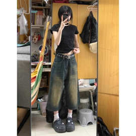 美式复古直筒牛仔七分裤女夏季2026新款高腰宽松辣妹阔腿7分中裤