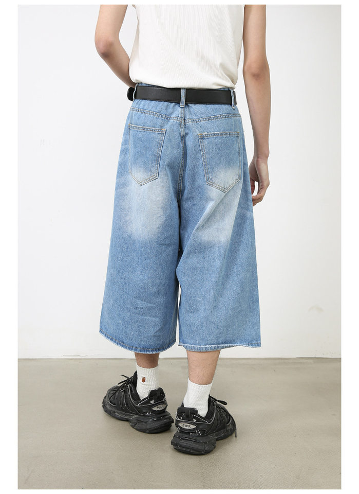 Quần short jean nữ ống rộng lửng cá tính phong cách đường phố — Làm cũ, Màu trắng, Rằn ri, Xanh lam cổ điển chi tiết 12