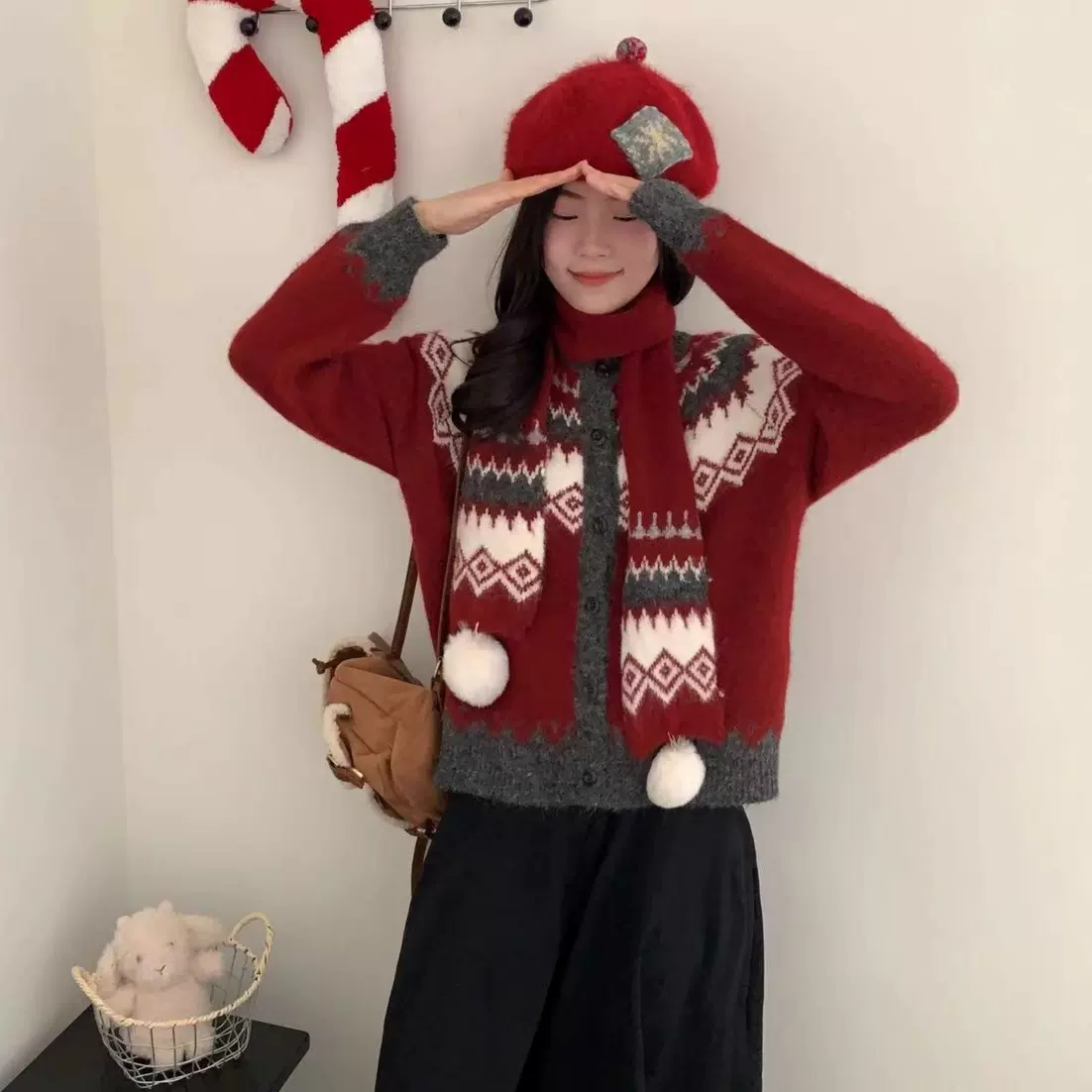 女装2025冬新款复古费尔岛复古提花图案厚实针织衫慵懒风两件套