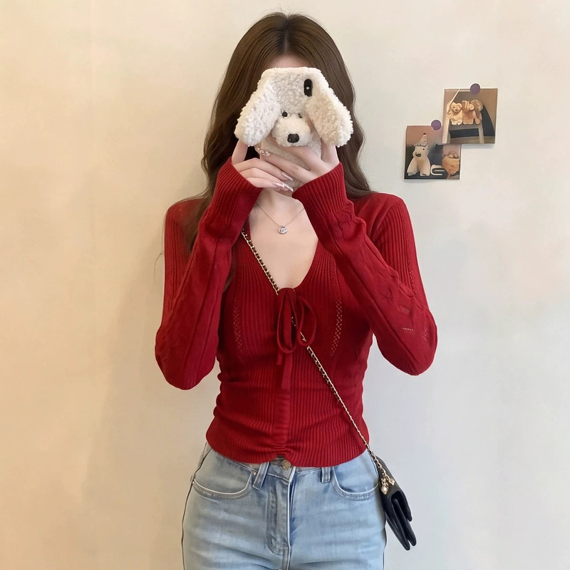 Pure Desire Style Wool Washed Long Sleeve Fine Vertical Stripe Front Tie Knit Top with Hollow Sleeves for Autumn, Gentle Style Top