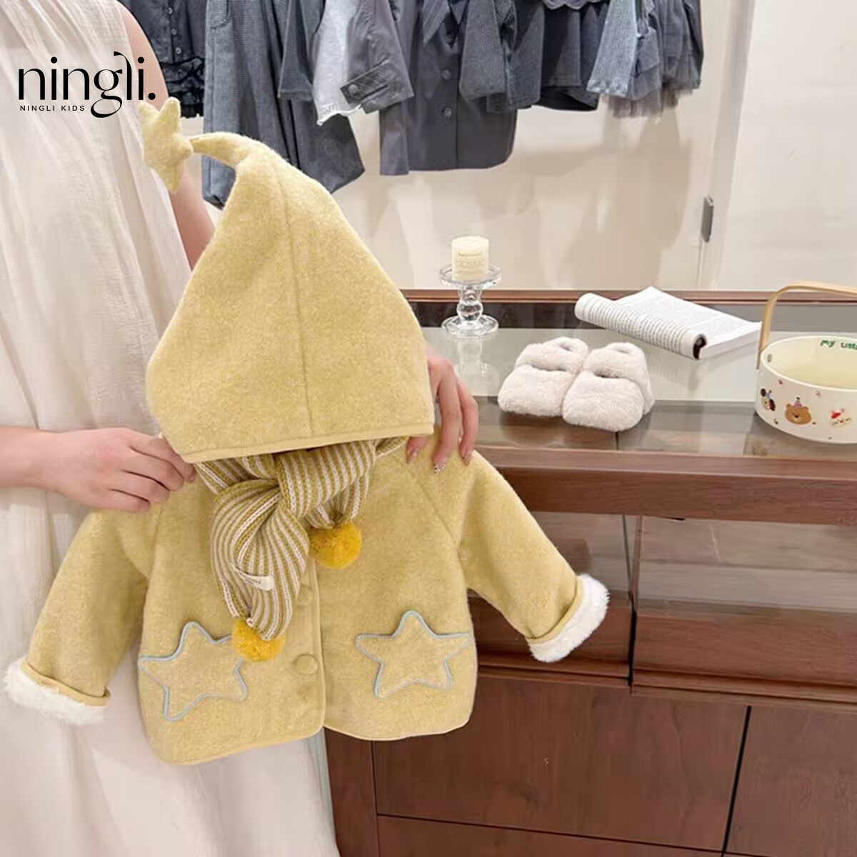 [Lingli] Original Star Man! Girls' Winter Jacket with Elf Hat, Warm and Fleece-Lined Cotton Coat