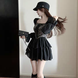 2025新款高级感不规则拼接蓬蓬裙女秋季盐系甜美方领小个子绑带裙