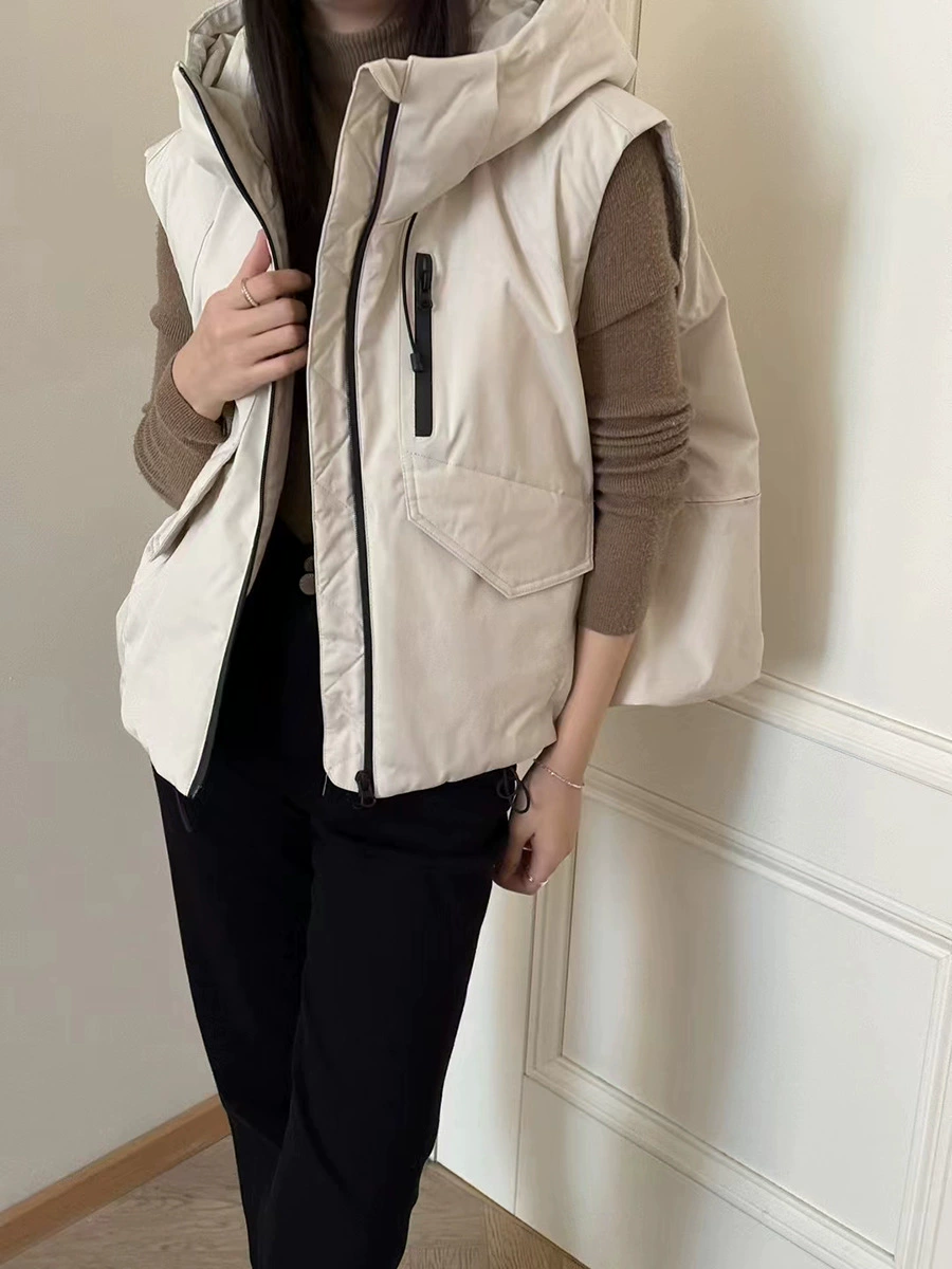 Velvet elite vest with down, demi-season fashionable travel jacket with hood, duck down
