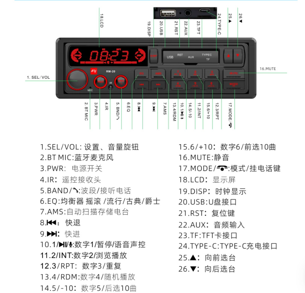 12V car radio, in-car MP3 player, Bluetooth player, USB drive, SD card, replacement for cassette player, audio amplifier