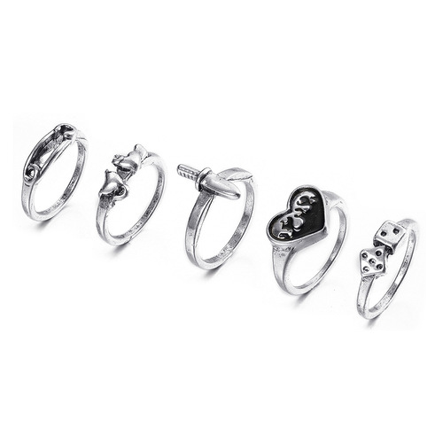 跨境合金个性链条戒指套装复古蛇爱心戒指6件套骰子戒指