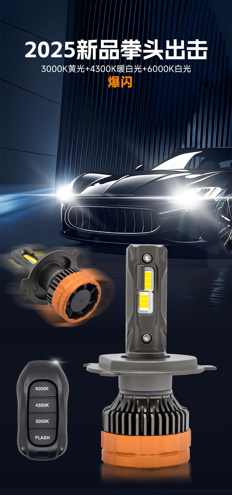 Car Led Strobe Headlights with Three Color Temperatures and Remote Control, High-Power Led Bulbs, Cross-Border Hot-Selling 2025 New Product