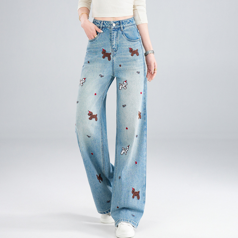 2026 Spring New Cartoon Embroidered Jeans for Women High Waist Slimming Comfortable Fashionable Commuter High-Waisted Wide-Leg Pants 2026 Spring New Cartoon Embroidered Jeans for Women High Waist Slimming Comfortable Fashionable Commuter High-Waisted Wide-Leg Pants