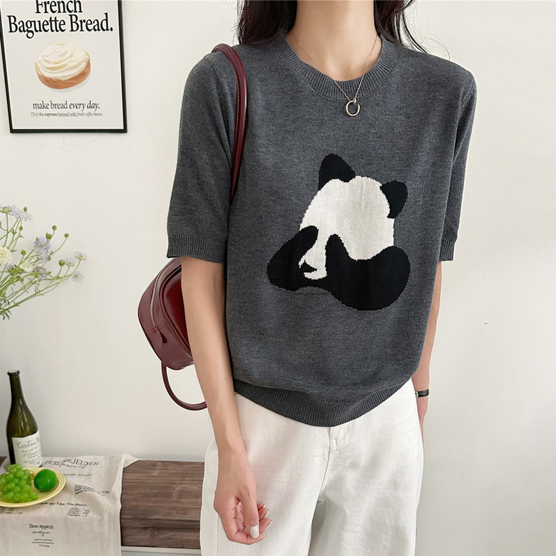 2026 New Cartoon Panda Jacquard Knit Short-Sleeve Women's Summer Thin Ice Silk College Style Age-Reducing T-Shirt Top