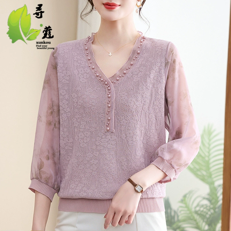 Мама одевается новый средний и пожилой женский топ мама одевается маленькая рубашка летняя одежда тонкая модная одежда свитер женщина