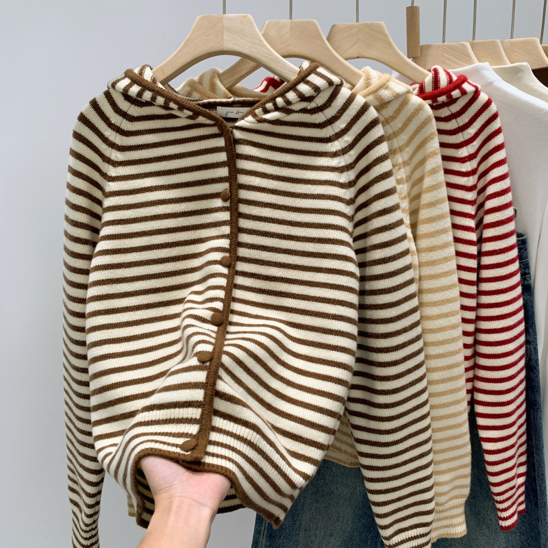 Wholesale Spot Striped Hooded Long-Sleeved Knitted Cardigan Jacket for Women Autumn and Winter 2025 New Style Loose and Lazy Elegant