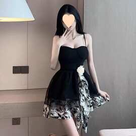黑色碎花无袖吊带连衣裙子女夏季2024年新款法式新中式小黑裙短裙