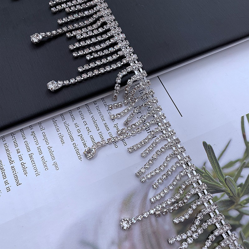 廠家批發燒焊銅鏈水鑽鏈條流蘇花邊 5CM鑽鏈流蘇條碼秀禾婚紗輔料