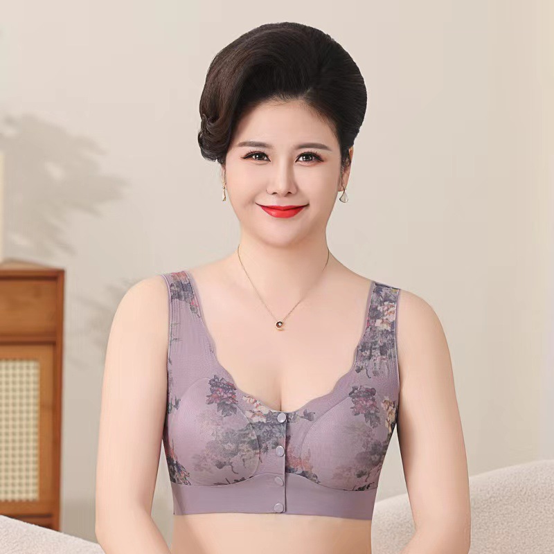Ropa interior de mediana edad, tipo de botón abierto de la parte delantera de la mujer, bra anti-caída, soporte superior cómodo, ropa interior impresa sin marcas, delgada image 4