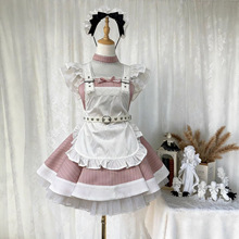 日系复古亚文化女仆装粉白条纹软妹Lolita狗短连衣裙可爱女佣套装