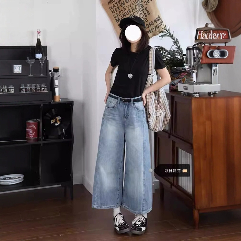 Light Blue Denim Cropped Pants for Women Summer Large Size Korean Simple Fat mm High Waist Loose Casual Straight Wide Leg Pants