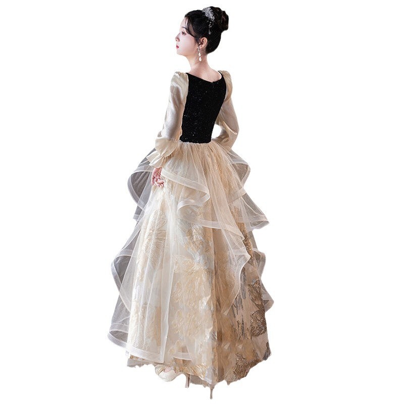 Đầm dạ hội cổ vuông tay dài kiểu Pháp thanh lịch, phù hợp dẫn chương trình, chơi đàn piano — Màu như hình