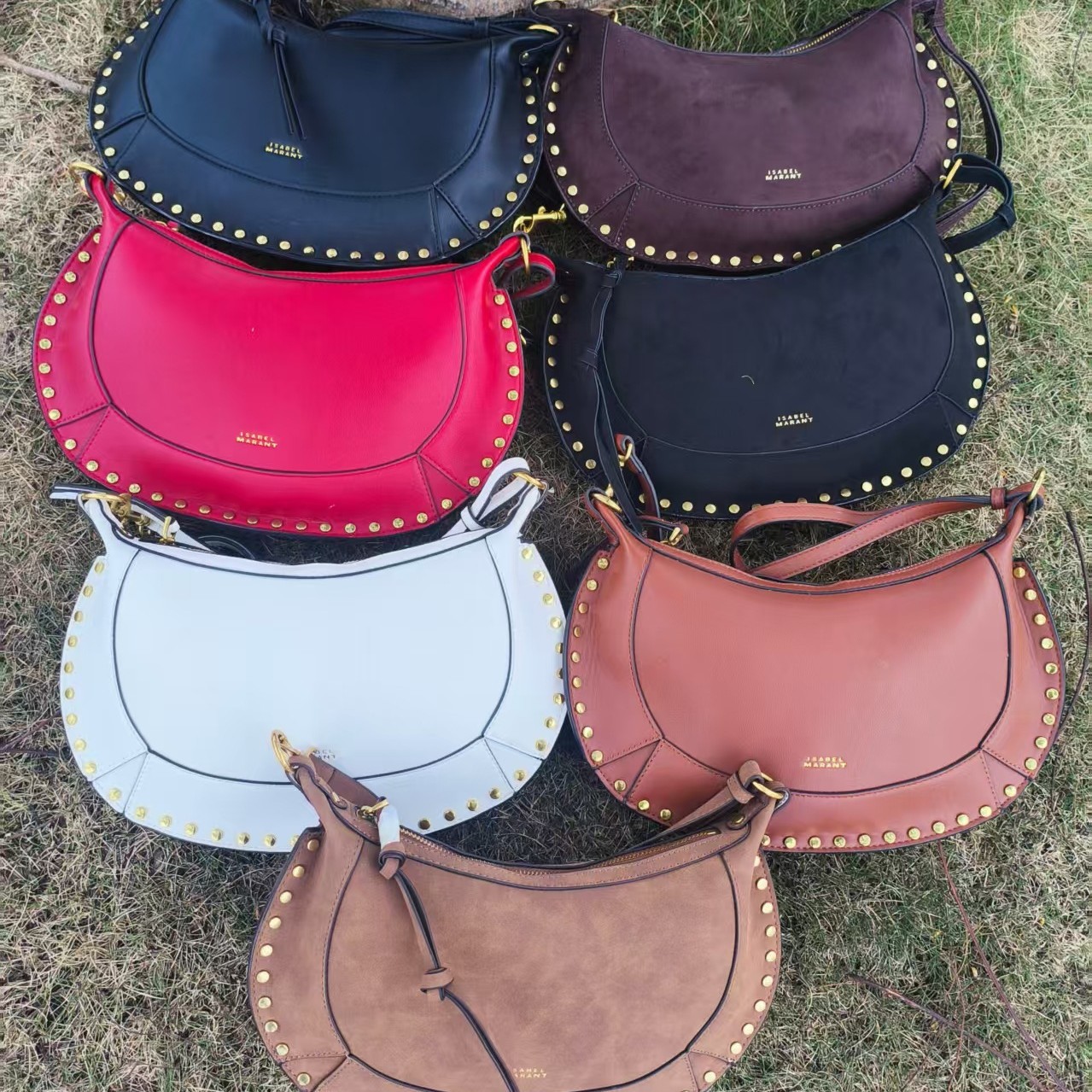 IS French Vintage Cross-border Hot-selling Studded Classic Half-Moon Bag Genuine Leather Shoulder Crossbody Bag Fashionable Handbag