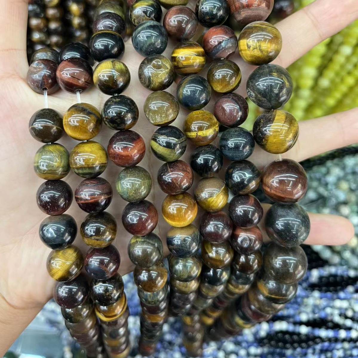 新款 天然石三色虎眼石4-12mm圓珠散珠半成品DIY手鍊項鍊飾品配件