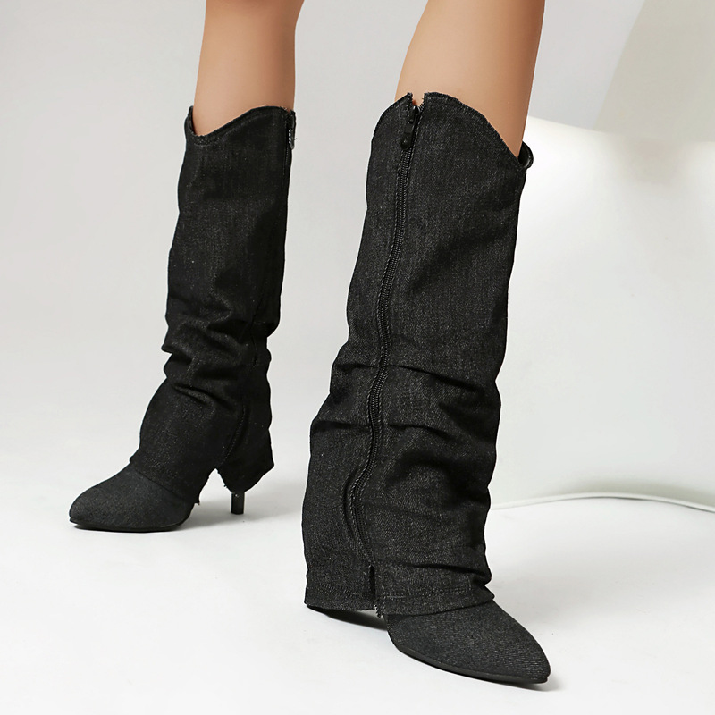 Autumn and winter cross-border supply of elegant thin high-heeled denim plus size pointed pants tube boots X25050007