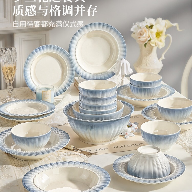 Underglaze Color Bowl and Plate Set for Home Use, New High-Value Ceramic Bowl and Plate Set, French-Style Tableware Set, Housewarming Bowlware