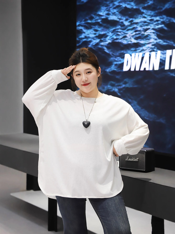 2025秋季新版胖mm大码宽松休闲长袖上衣女竹节棉百搭显瘦打底衫|undefined
