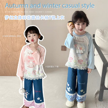 一件代发2025秋冬新款女童印染梦幻立体蕾丝长袖T恤牛仔裤套装