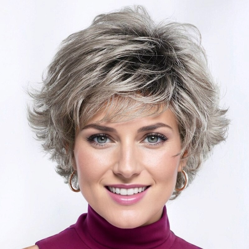 Factory direct foreign trade wig best-selling wig short roll wig gradient gray oblique bangs fluffy anti-warped wig