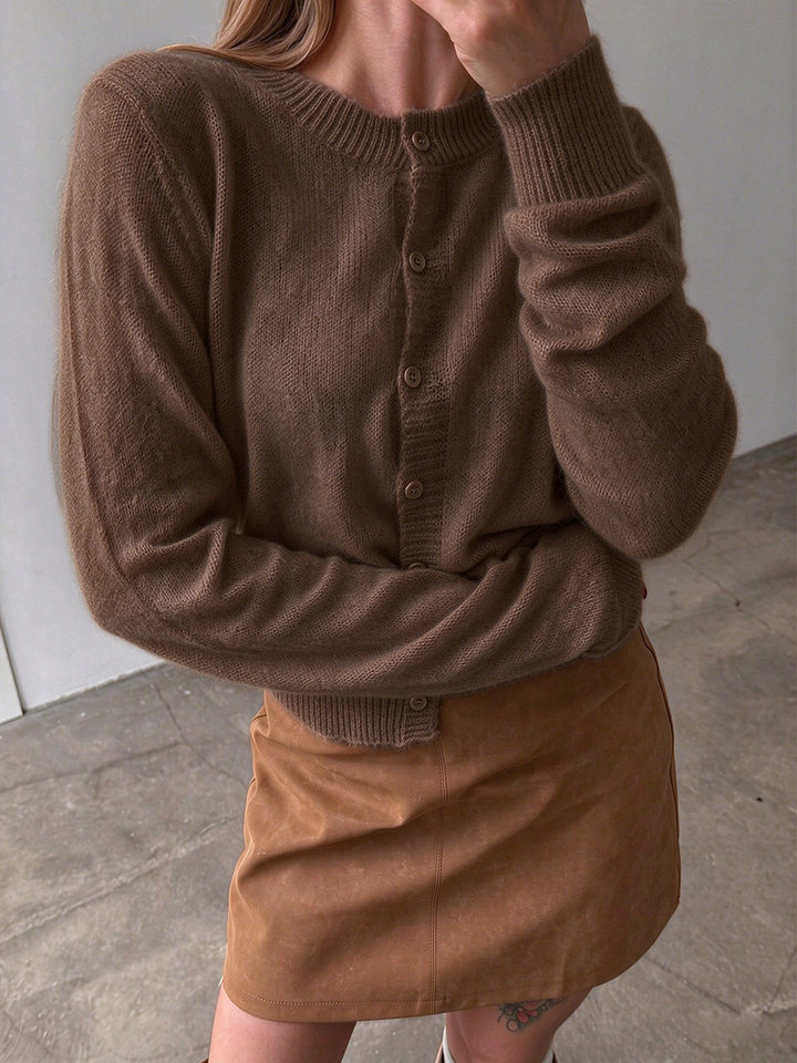 Áo cardigan len nữ dệt kim mỏng cổ tròn dáng rộng phối nút — Vàng nhạt, màu hồng, màu nâu, trắng chi tiết 10