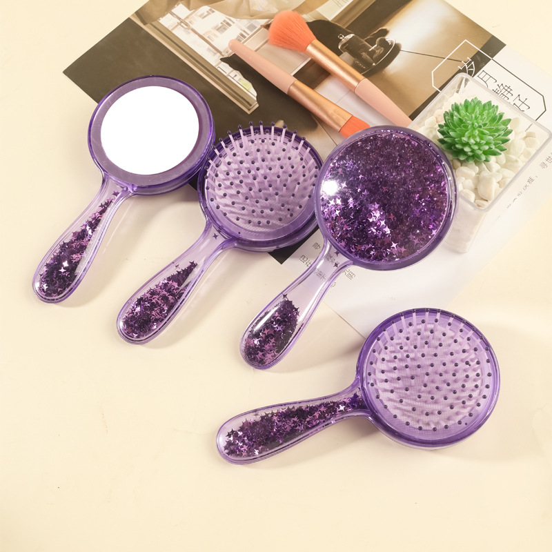 새로운 고급스러운 거울 빗, 보라색 반짝이 거울, 휴대용 메이크업 거울, 마사지 빗, 에어백 빗, 미용 빗