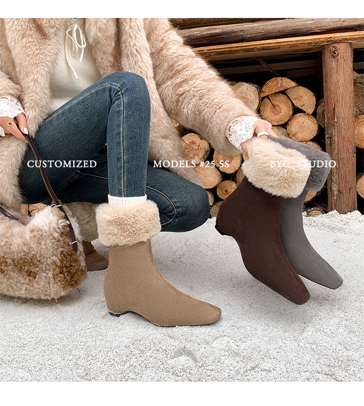 Boot nữ cổ cao lông cừu mũi vuông tăng chiều cao — cà phê nâu, màu xám, quả mơ chi tiết 23