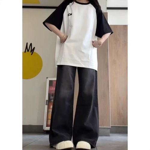 Retro Black Elastic Micro-Ripple Women's Spring and Autumn High-Waist Slimming and Body-Concealing Versatile Straight and Bell Bottom Pants