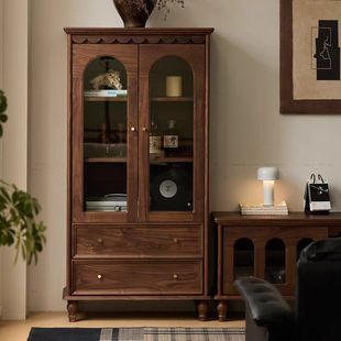 North American Black Walnut Wine Cabinet Living Room Glass Door Storage Cabinet Nordic Solid Wood Storage Display Cabinet Tv Cabinet Side Cabinet