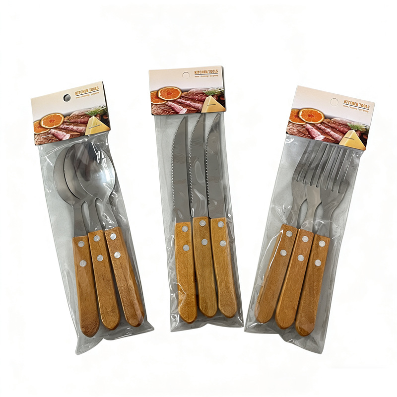 Comercio exterior de acero inoxidable cuchillo tenedor cuchara set 6pc mango de madera cuchillo de filete tenedor set 3pc cubiertos al por mayor