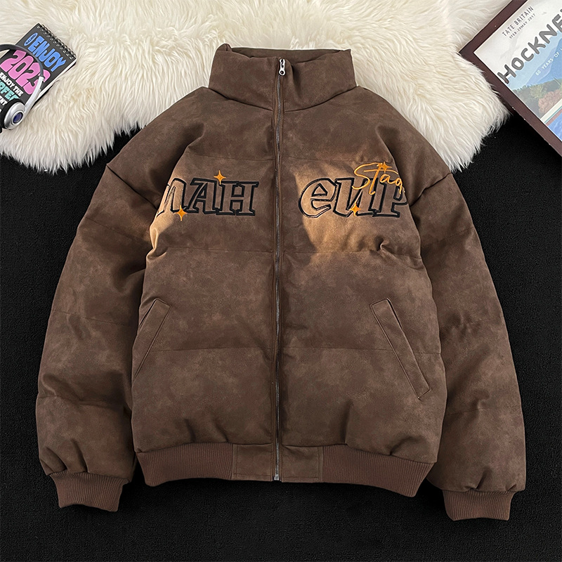 Vintage Embroidered PU Leather Down Jacket Cotton Jacket For Men And Women Winter Thickened Oversize Loose Leather Jacket Ins Tide_viptrois.com