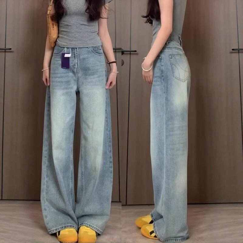 Light Blue Wide-Leg Jeans for Women Plus Size, Loose Fit, Slimming, Pear-Shaped Figure, High-Waisted, Autumn Floor-Length Straight Pants