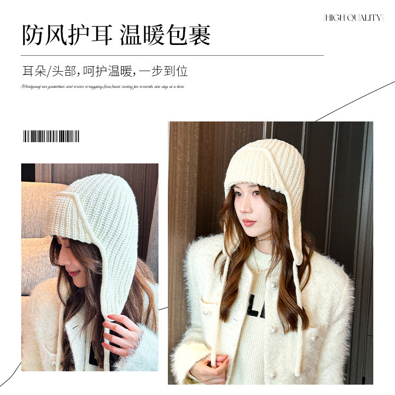 男性と女性のためのレースアップカシミア帽子、冬のニットウール帽子、女性の耳保護キャップ、防寒、防風、厚くて暖かい|undefined