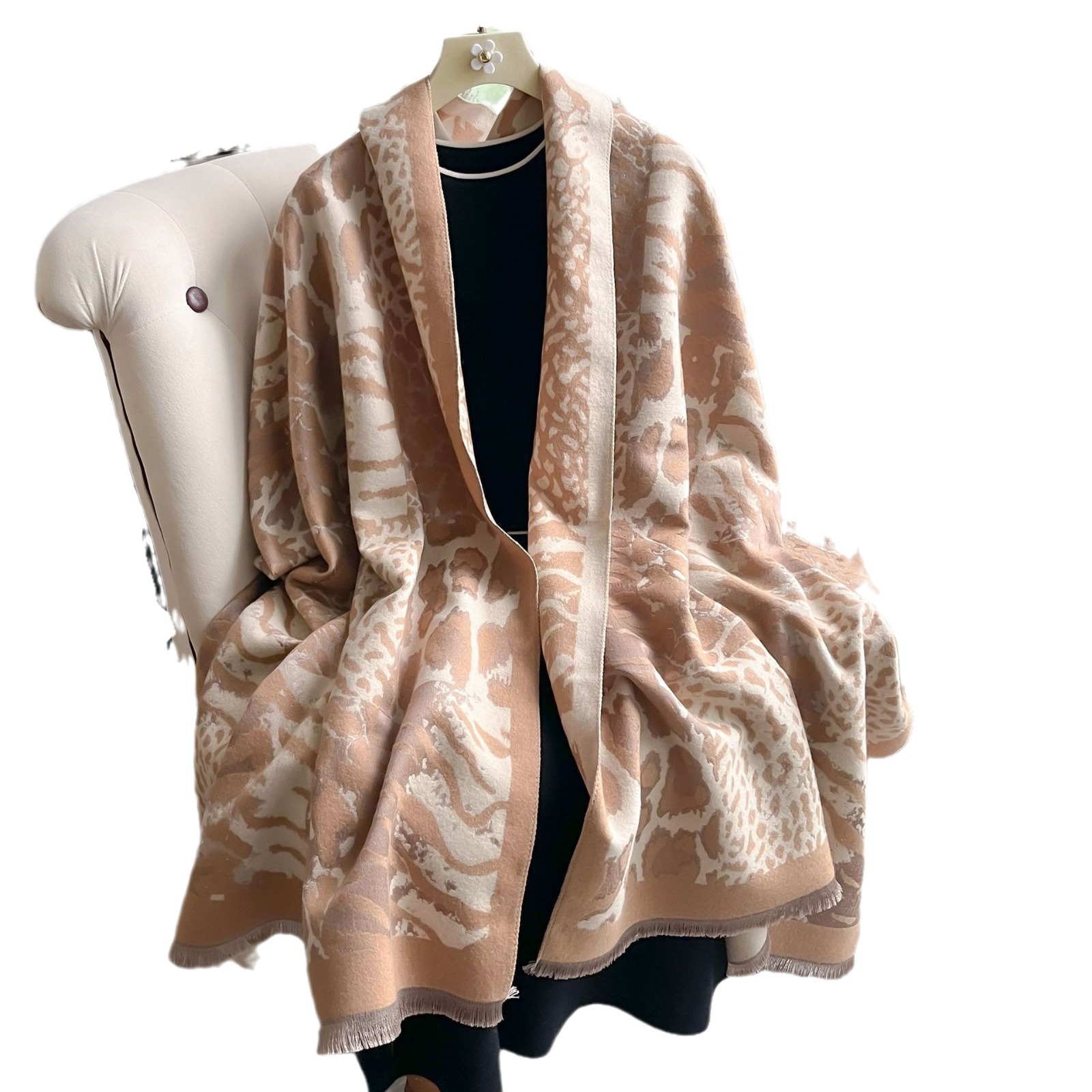 2024 comercio exterior nueva moda impresión de empalme de leopardo imita bufandas de cachemira para mujeres de viaje universal engrosado buñuelo caliente