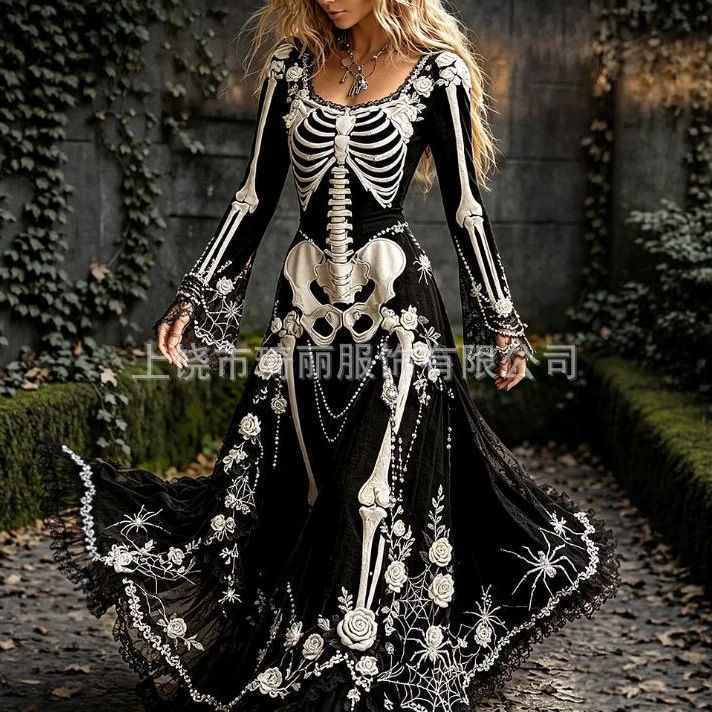 European and American cross-border Halloween skull hot-selling 3D digital print holiday long-sleeve dress