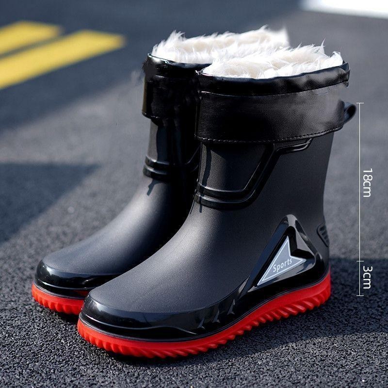 男性用レインブーツ、新しい防水アウトドアウォーターシューズ、キッチン滑り止め作業用ゴム靴、ベルベット暖かいレインブーツ|undefined